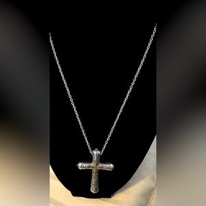 Vintage silver & gold tone cross necklace w/ tigers eyes at each end & filigree